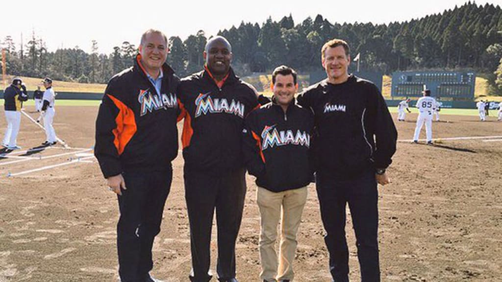 Marlins executives P.J. Loyello, David Samson, Michael Hill and Jeff Conine take in Orix Buffaloes Spring Training during their trip to Japan. (@Marlins)