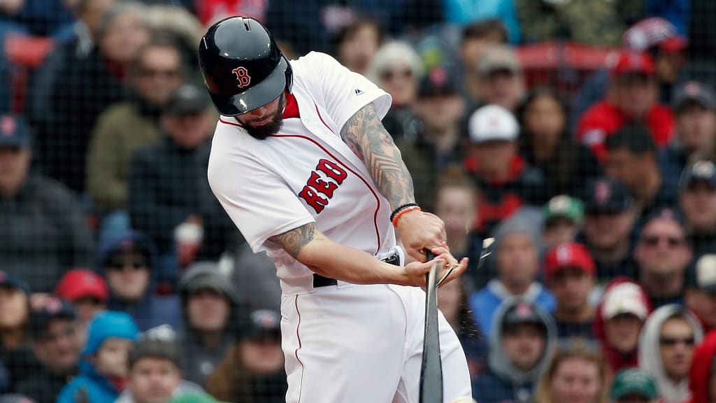 Boston Red Sox's Blake Swihart breaks his bat on his RBI single during the seventh inning of a baseball game against the Baltimore Orioles in Boston, Saturday, April 14, 2018. (AP Photo/Michael Dwyer)