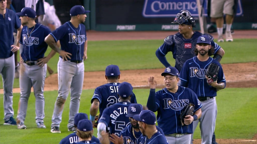 Brandon Lowe of the Tampa Bay Rays celebrates with teammates Randy