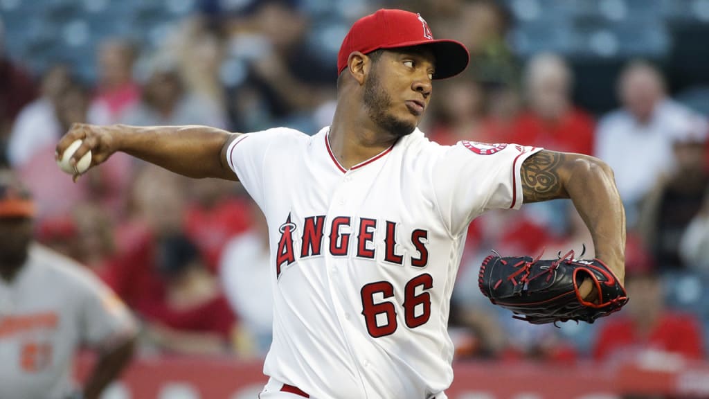 Los Angeles Angels starting pitcher JC Ramirez throws against the Baltimore Orioles during the first inning of a baseball game, Monday, Aug. 7, 2017, in Anaheim, Calif. (AP Photo/Jae C. Hong)
