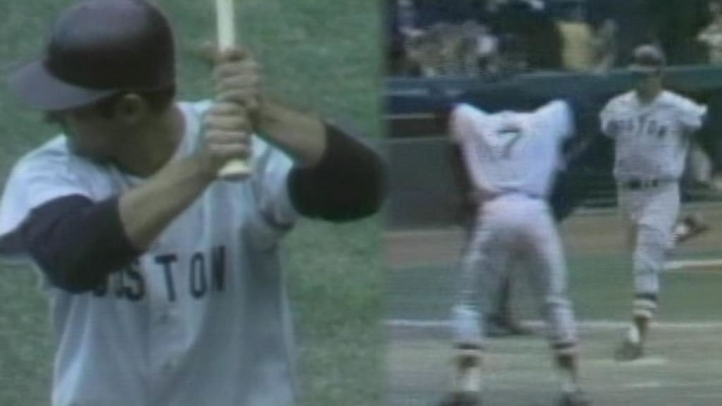 Carl Yastrzemski of Boston Red Sox, left, and Harmon Killebrew of the  Minnesota Twins show off their bats prior to start of their two game series  in American League pennant race at