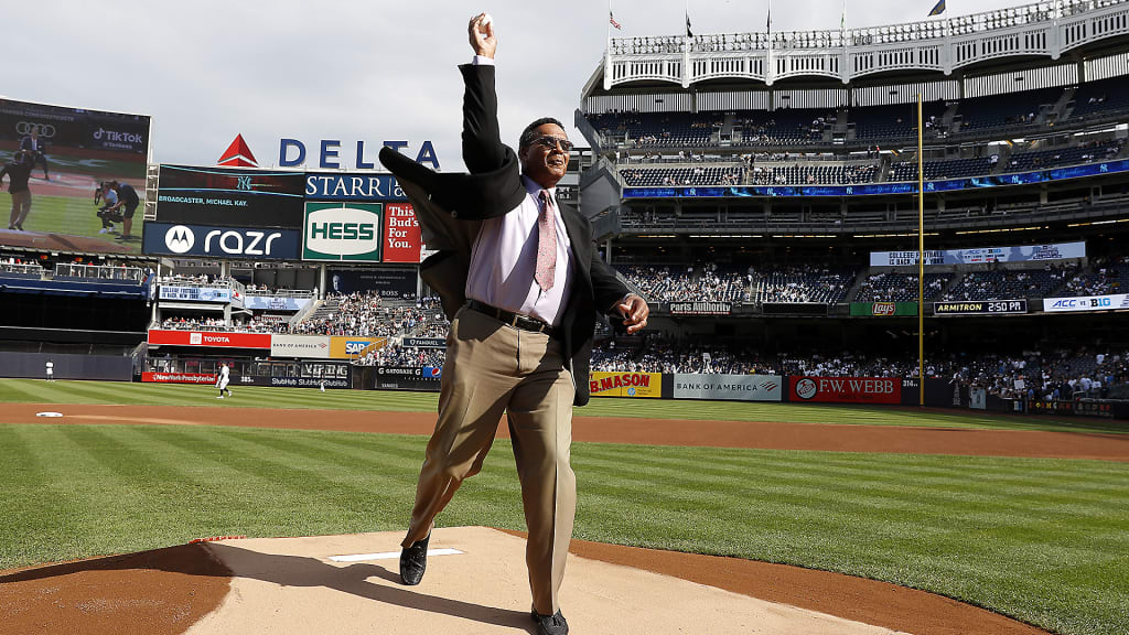 During the last series of the 2021 regular season — the final games he would call in a baseball life that began when he was 4 years old — Singleton tossed the ceremonial first pitch at Yankee Stadium. (Photo Credit: New York Yankees)