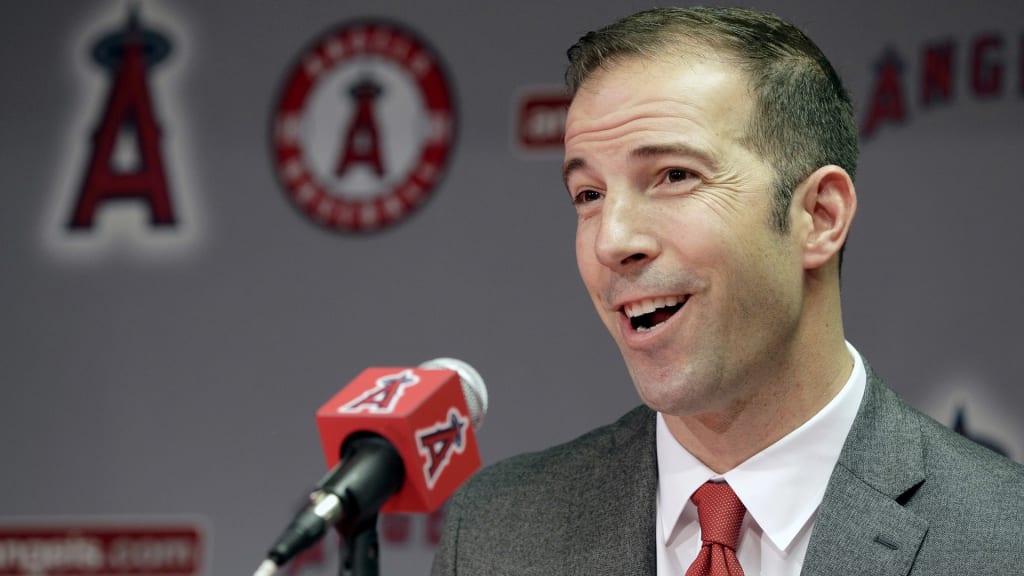 Longtime Yankees executive Billy Eppler smiles during a news conference announcing him as the new general manager for the Los Angeles Angels in Anaheim, Calif., Monday, Oct. 5, 2015. The 40-year-old Eppler replaces interim GM Bill Stoneman, who took over after Jerry Dipoto quit his job at midseason following his latest disagreement with Mike Scioscia, the longest-serving manager in baseball. (AP Photo/Nick Ut)