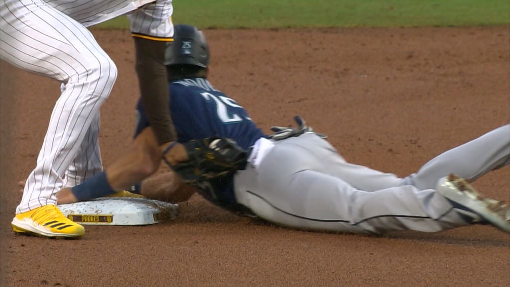 Dylan Moore steals second base