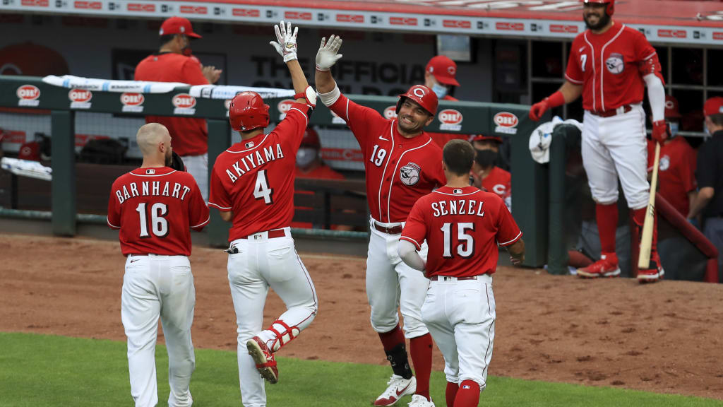 The Cincinnati Reds baseball team uniforms for the 2019 season are  displayed at Great American Ball Park, Monday, Jan. 7, 2019, in Cincinnati.  The Reds will play games in 15 sets of
