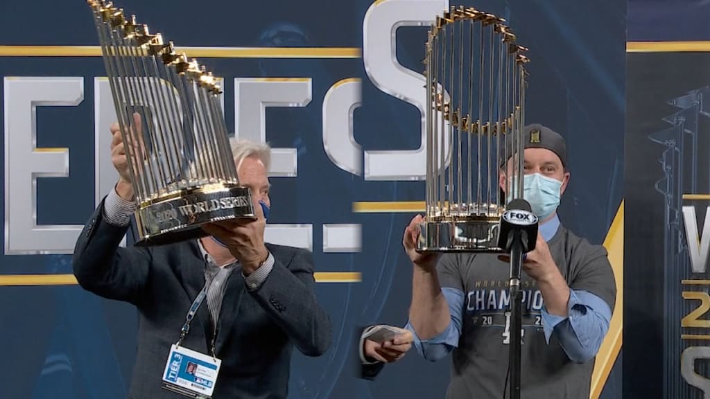 CLAYTON KERSHAW SIGNED 2020 WORLD SERIES CHAMPIONS LOS ANGELES DODGERS  TROPHY IN THE IMAGE OF THE