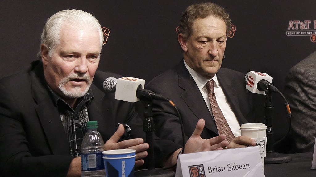 San Francisco Giants executive vice president of baseball operations Brian Sabean, from left, speaks next to CEO Larry Baer, general manager Bobby Evans and manager Bruce Bochy at a news conference in San Francisco, Tuesday, Oct. 3, 2017. (AP Photo/Jeff Chiu)