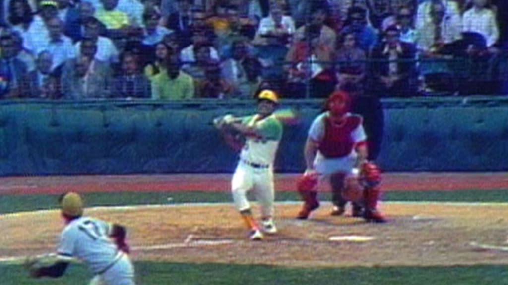 There is a distinctly left-handed look about the New York Yankees batters  with southpaw swingers like Reggie Jackson, seen here at the World Series  game 2 Oct. 12, 1977 at Yankee Stadium