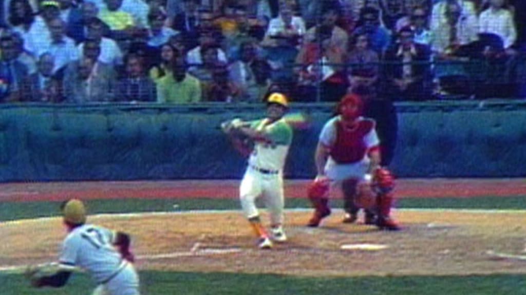 Oakland A's Reggie Jackson (9) in action during a game from his 1969  season. Reggie Jackson played for 21 years with 4 different teams and was  inducted to the Baseball Hall of