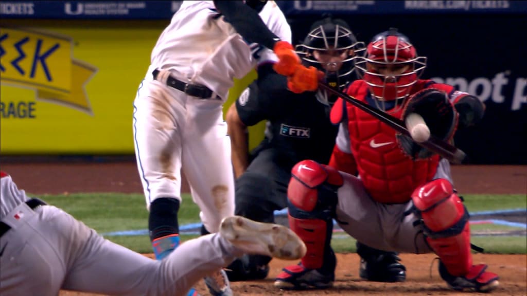 Miami Marlins catcher Payton Henry makes the throw to second base