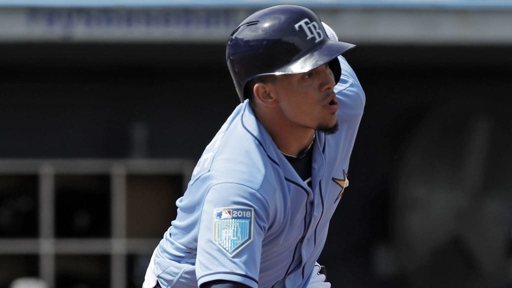 Tampa Bay Rays' Willy Adames drops his bat after hitting a home run off Baltimore Orioles pitcher Mike Wright during the third inning of a spring training baseball game Wednesday, March 7, 2018, in Port Charlotte, Fla. (AP Photo/Chris O'Meara)