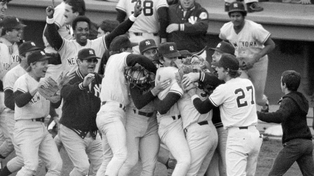 The Yankees celebrate a one-game-playoff victory over the Red Sox at Fenway Park in 1978.