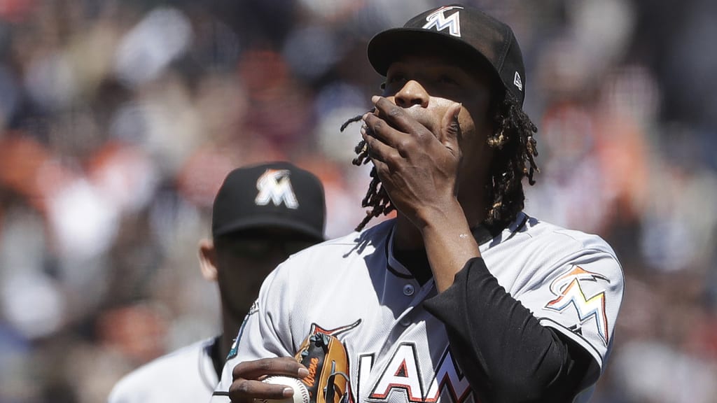 Miami Marlins pitcher Jose Urena waits on the mound before being taken out for a relief pitcher during the sixth inning of a baseball game between the San Francisco Giants and the Marlins in San Francisco, Wednesday, June 20, 2018. (AP Photo/Jeff Chiu)