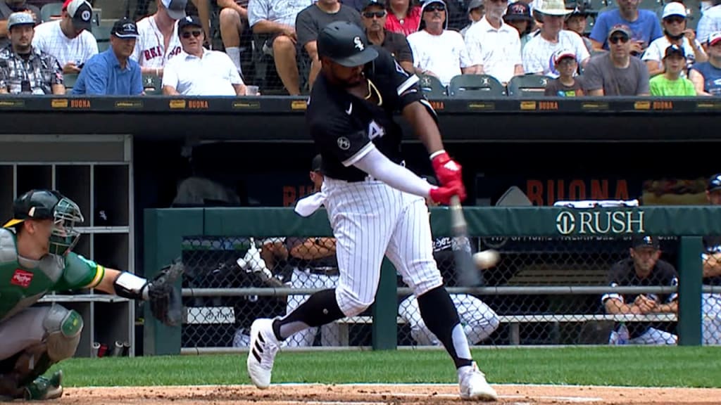 Oakland Athletics center fielder Starling Marte, left, and shortstop Elvis  Andrus, collide going after a fly ball hit by Chicago White Sox's Jose  Abreu in the ninth inning of a baseball game