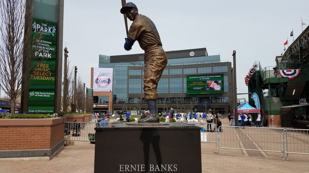 A statue of Ernie Banks sits at the south end of the park. (Carrie Muskat)