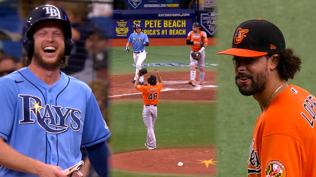 Brett Phillips, Jorge López laugh over hit by pitch