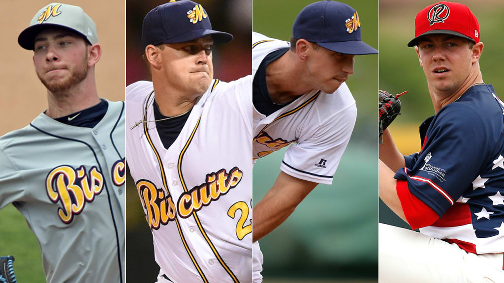 Steve Ascher, Jared Mortensen, Jordan Harrison and Kyle Winkler combined to throw the third no-hitter in Biscuits history. (Brian McLeod/MiLB.com, Kevin Pataky/MiLB.com, Ken Weisenberger/Milb.com)
