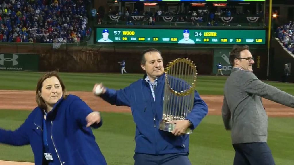 Theo Epstein Signed Chicago Cubs 2016 World Series Holding Trophy