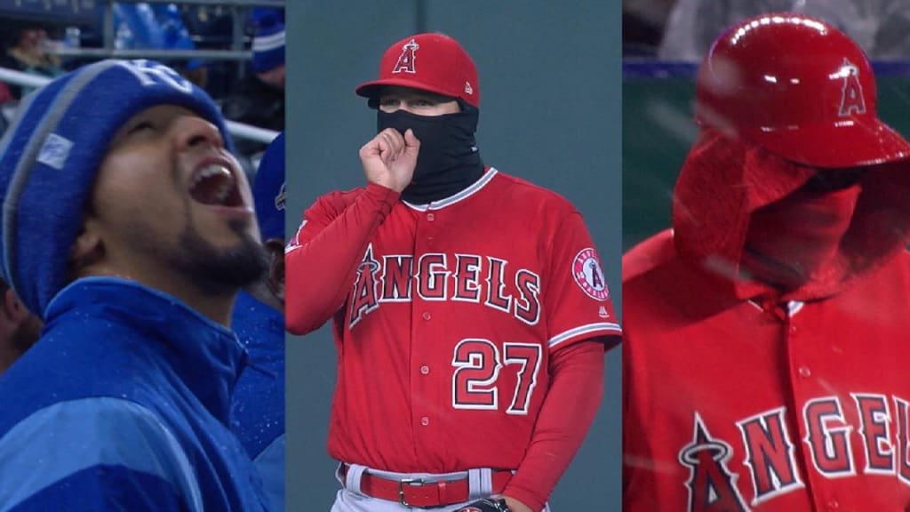 Snow falls at Kauffman Stadium
