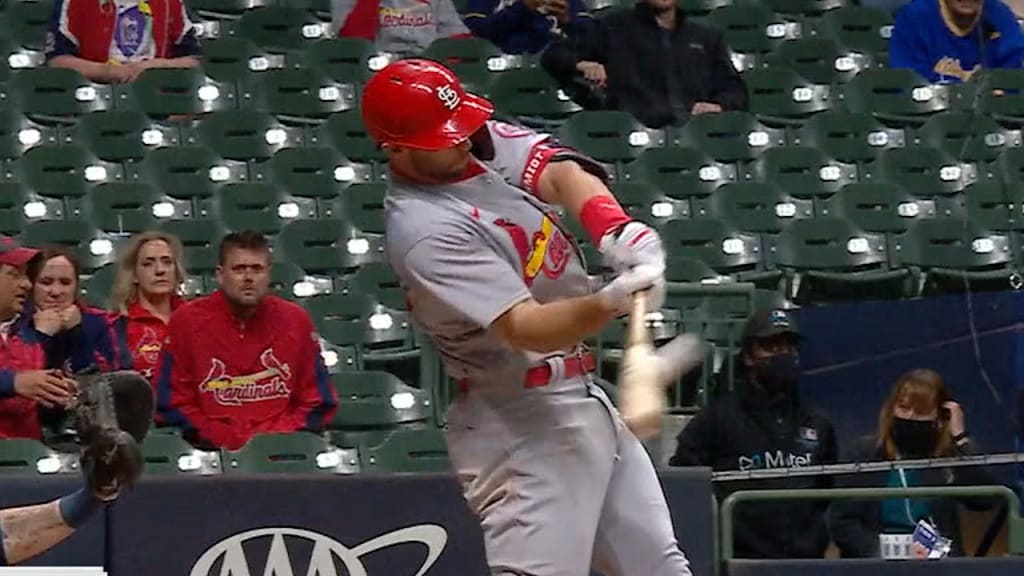 St. Louis Cardinals Paul Goldschmidt checks his pine tar before batting in  the first inning against the Philadelphia Phillies at Busch Stadium in St.  Louis on May 6, 2019. Photo by Bill