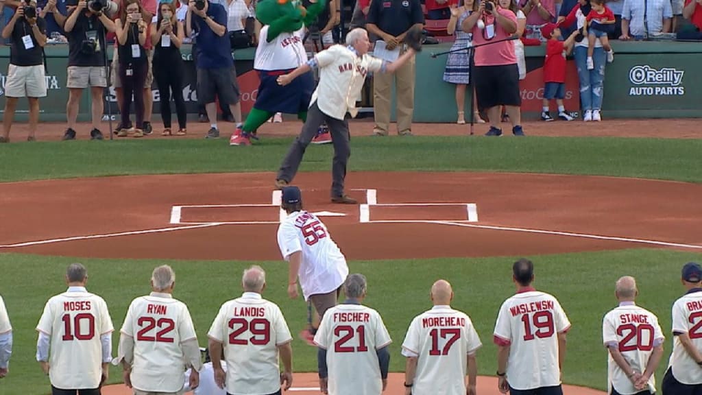 DJ Jess King reacts after delivering a ceremonial first pitch prior to a  baseball game between the Boston Red Sox and Colorado Rockies on Pride Night  at Fenway Park, Tuesday, June 13