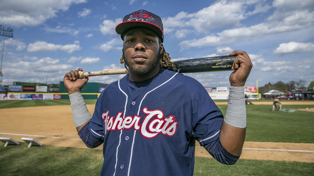 New Hampshire Fisher Cats Vladimir Guerrero Jr. (27) poses for a photo before the baseball game against the Binghamton Rumble Ponies at NYSEG Stadium in Binghamton, N.Y. on May 5, 2018. (Photo: Gordon Donovan/MiLB.com)
