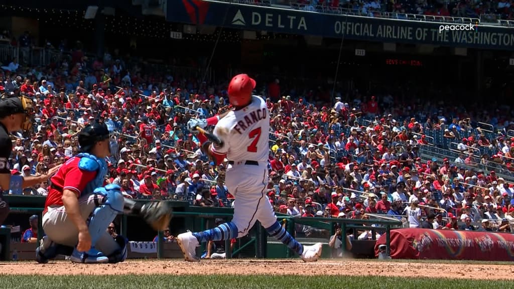 Washington Nationals Bryce Harper walks off after hitting a group out  single against the Philadelphia Phillies in the sixth inning at Nationals  Park in Washington, D.C. on April 28, 2016. Photo by