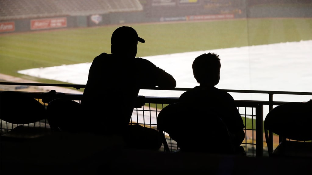 Fans look out to the tarp-covered infield at Target Field where heavy rain, lightning and wind delayed Tuesday's game. (AP)