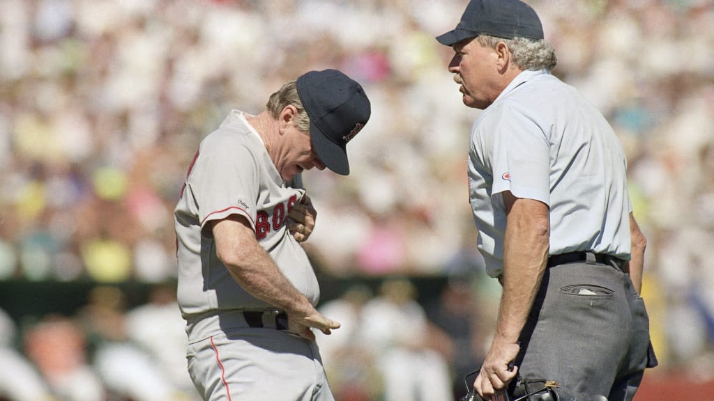 Joe Morgan either complaining about the strike zone or ... trying to get a spider out of his baseball pants.