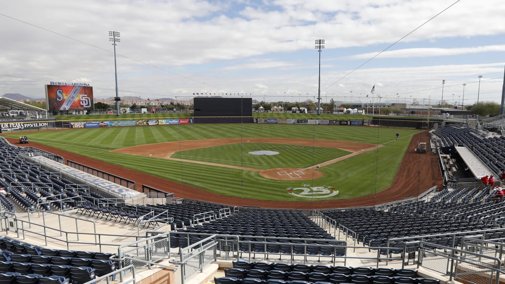 Seen is the Peoria Sports Complex before a baseball spring exhibition game between the Seattle Mariners and the San Diego Padres, Friday, Feb. 23, 2018, in Peoria, Ariz. (AP Photo/Charlie Neibergall)
