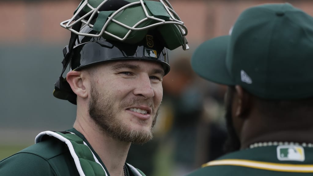 Oakland Athletics' Chris Herrmann at their spring baseball training facility in Mesa, Ariz., Thursday, Feb. 14, 2019. (AP Photo/Chris Carlson)