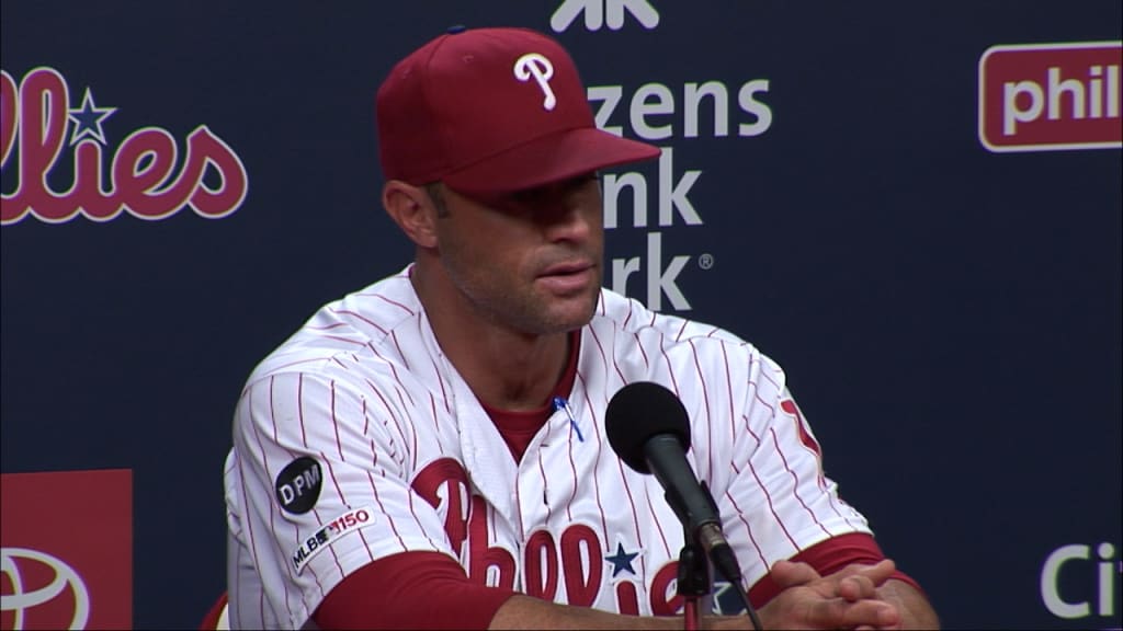 Second baseman Scott Kingery is interviewed in the dugout before a