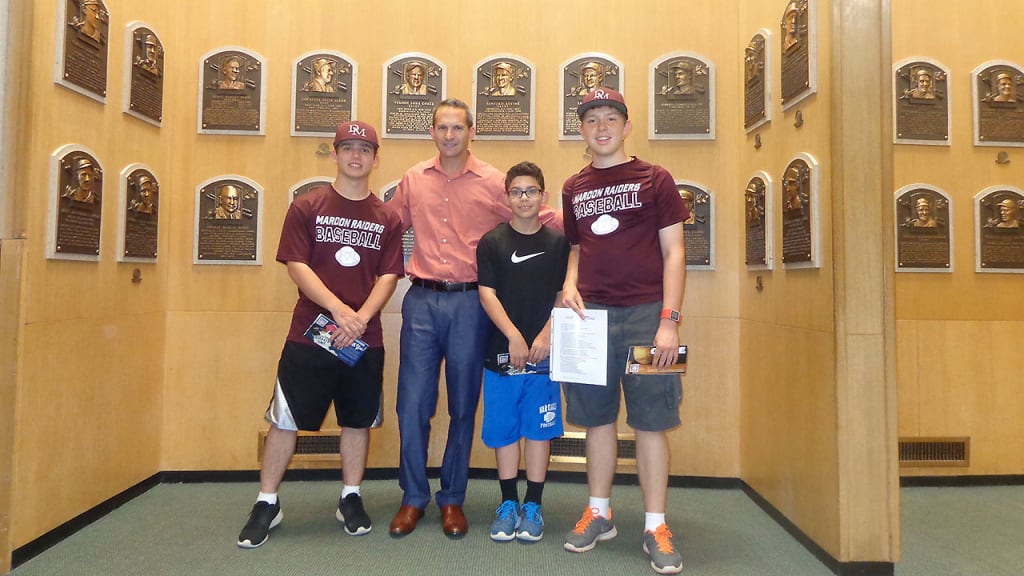 Myles Campbell, Jeff Idelson, Conor Campbell and Charlie Sorbanelli at the National Baseball Hall of Fame. (Courtesy of Myles Campbell Sr.)