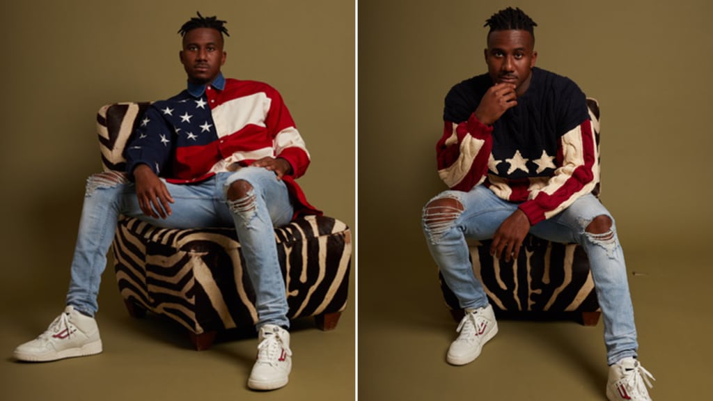 (Left) Tommy stars and stripes shirt. Represent jeans. Bally sneakers. (Right) Vintage Tommy cable knit American flag sweater.