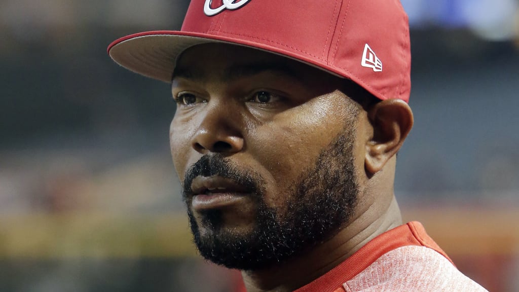 Washington Nationals left fielder Howie Kendrick (12) before a baseball game against the Arizona Diamondbacks, Friday, May 11, 2018, in Phoenix. (AP Photo/Rick Scuteri)