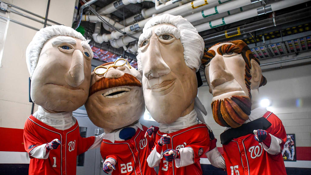 WASHINGTON, DC - APRIL 29: The Nationals bald eagle Mascot Screech dances  in his Cherry Blossom City Connect jersey and fedora hat during the  Pittsburgh Pirates versus Washington Nationals MLB game 2