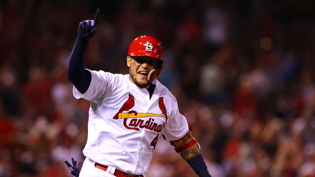 ST. LOUIS, MO - MAY 1: Yadier Molina #4 of the St. Louis Cardinals celebrates after hitting a walk-off single against the Chicago White Sox in the ninth inning at Busch Stadium on May 1, 2018 in St. Louis, Missouri. (Photo by Dilip Vishwanat/Getty Images)
