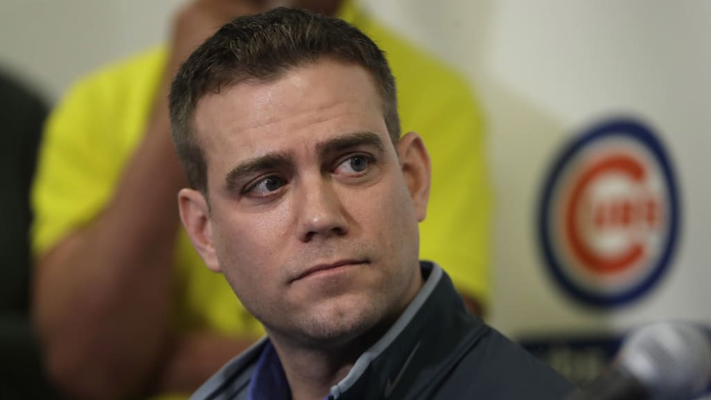 Chicago Cubs President of Baseball Operations Theo Epstein seen during a media availability at the team's spring training baseball facility Tuesday, Feb. 13, 2018, in Mesa, Az. (AP Photo/Carlos Osorio)