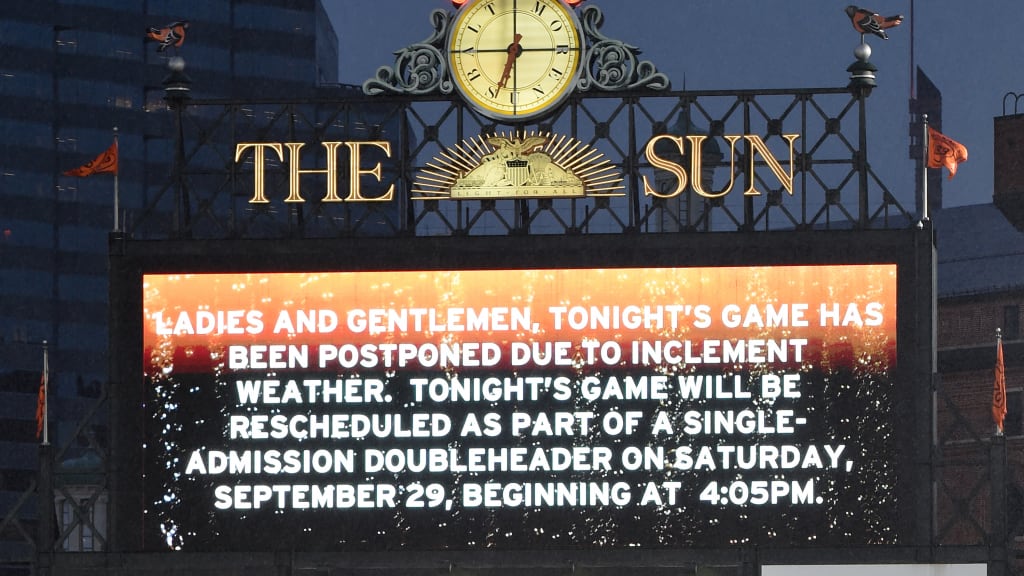 BALTIMORE, MD - SEPTEMBER 27: The scoreboard announces the baseball is cancelled between the Houston Astros and the Baltimore Orioles at Oriole Park at Camden Yards on September 27, 2018 in Baltimore, Maryland. (Photo by Mitchell Layton/Getty Images)