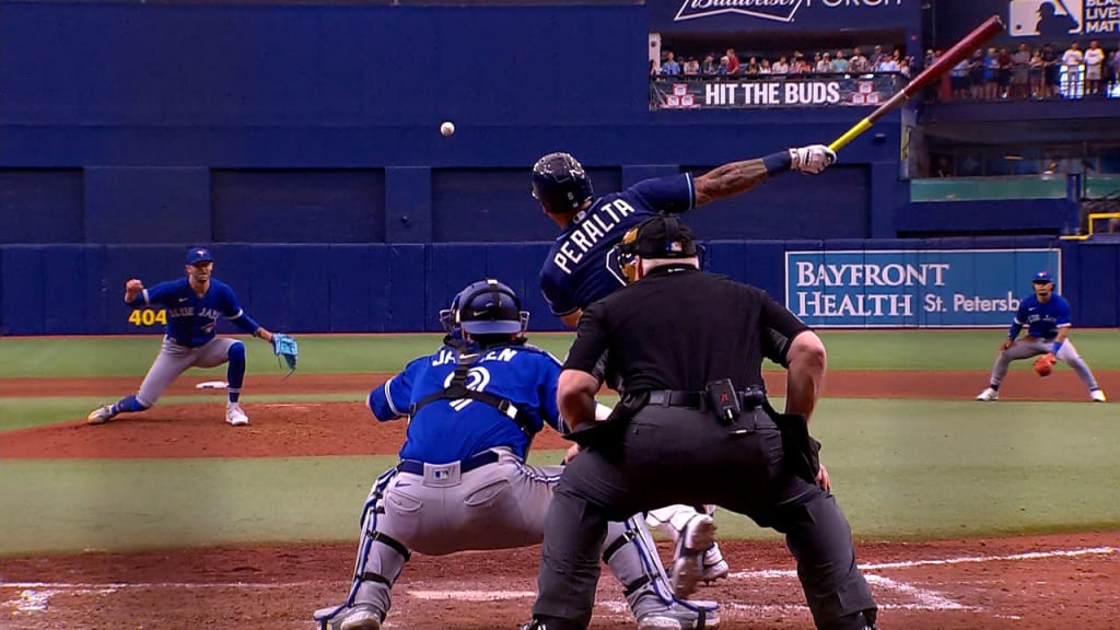 MILWAUKEE, WI - AUGUST 10: Tampa Bay Rays left fielder David Peralta (6)  bats during an MLB game against the Milwaukee Brewers on August 10, 2022 at  American Family Field in Milwaukee