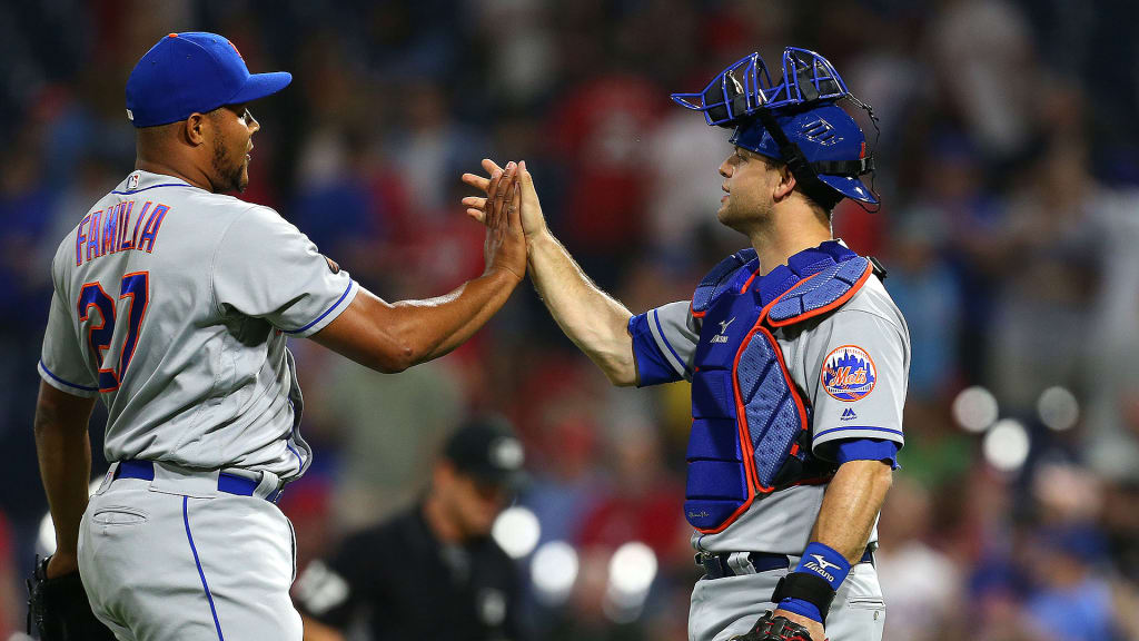 Mets closer Jeurys Familia and catcher Devin Mesoraco of the Mets celebrate after defeating the Phillies, 3-1, at Citizens Bank Park on May 11, 2018.