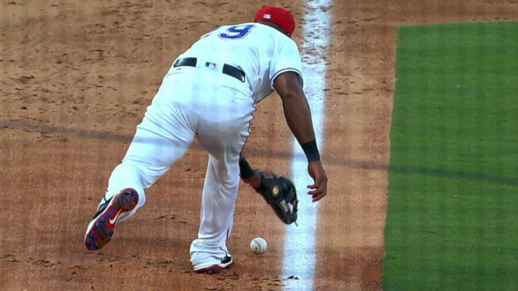 Adrian Beltre very sneakily tries to kick a slow roller foul