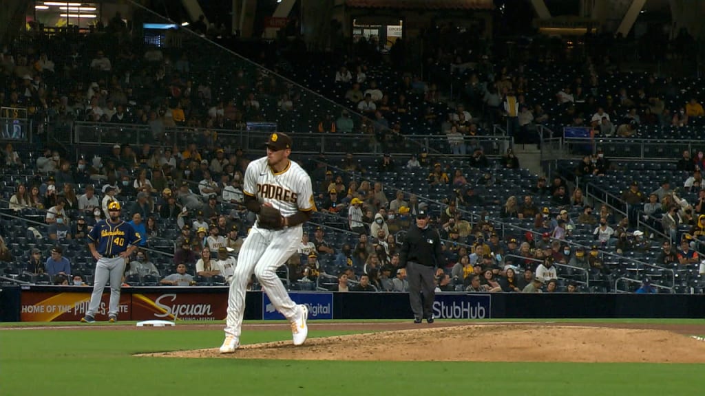 San Diego Padres' Joe Musgrove takes the field in a San Diego State  basketball jersey during warmups before a baseball game against the  Colorado Rockies in San Diego, Friday, March 31, 2023. (