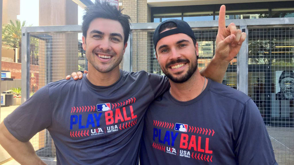 Chase d'Arnaud and Austin Hedges spoke to area youth during a Wiffle ball game Friday as part of MLB's Play Ball Weekend. (Padres)
