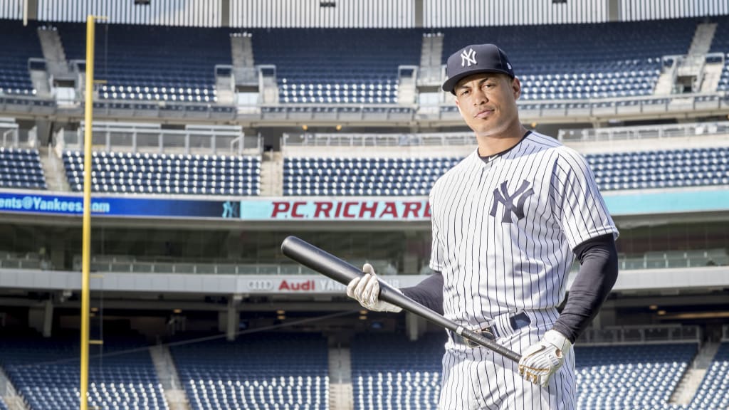 Miami Marlins Giancarlo Stanton waits his turn to hit during team