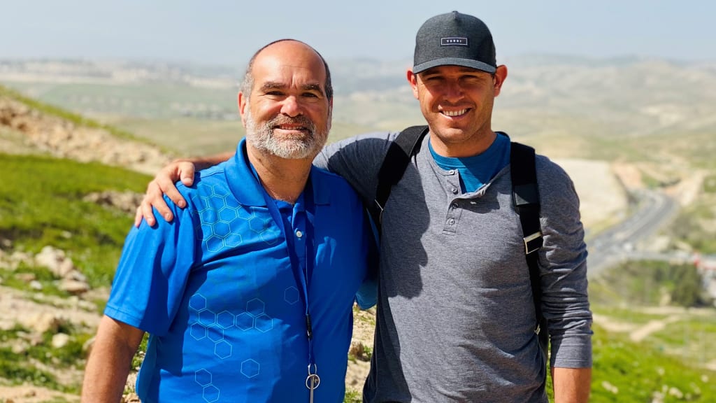 Ian Kinsler (right) with Jordy Alter at the Good Samaritan Museum, en route to the Dead Sea.