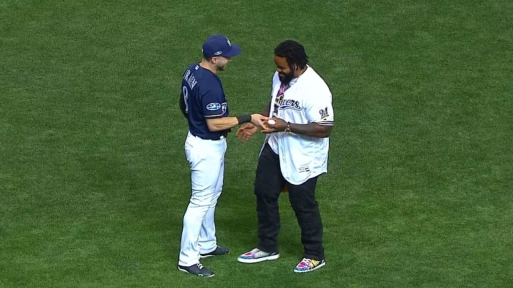 Prince Fielder tossed the first pitch prior to NLCS Game 2 and had