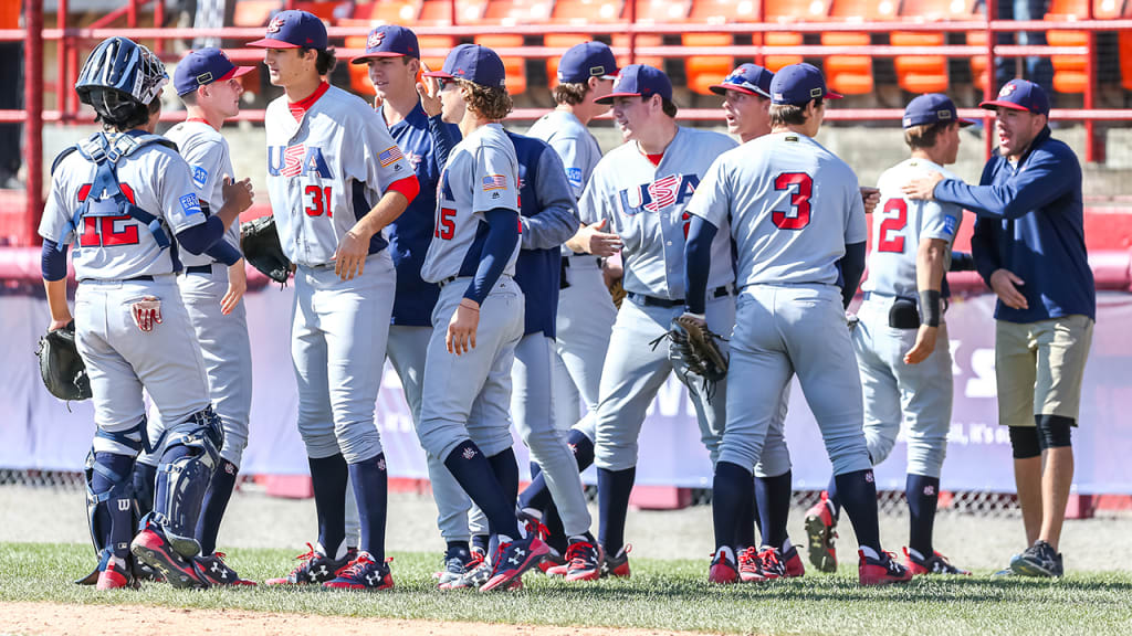 Team USA celebrates after defeating Korea, 2-0, on Friday. (USA Baseball)