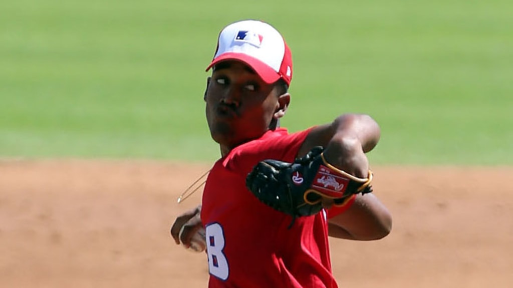 Breidy Encarnacion participates in the MLB International Showcase at Estadio Quisqeya on February 22-23, 2017 in Santo Domingo, Dominican Republic.