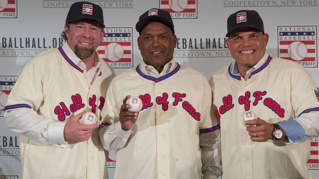 Tim Raines (center) and Ivan Rodriguez (right), who will be inducted into the Hall of Fame this year, are set to participate in the Legends & Celebrity Softball Game during All-Star weekend. (AP)